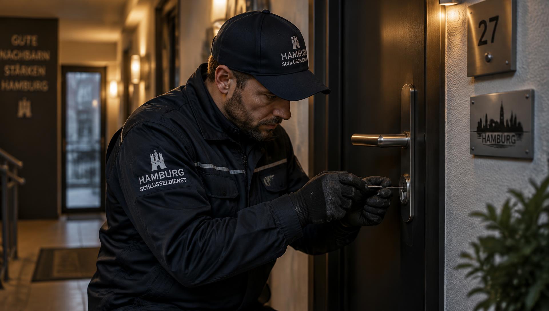 Schlüsseldienst-Techniker öffnet eine Wohnungstür in Hamburg